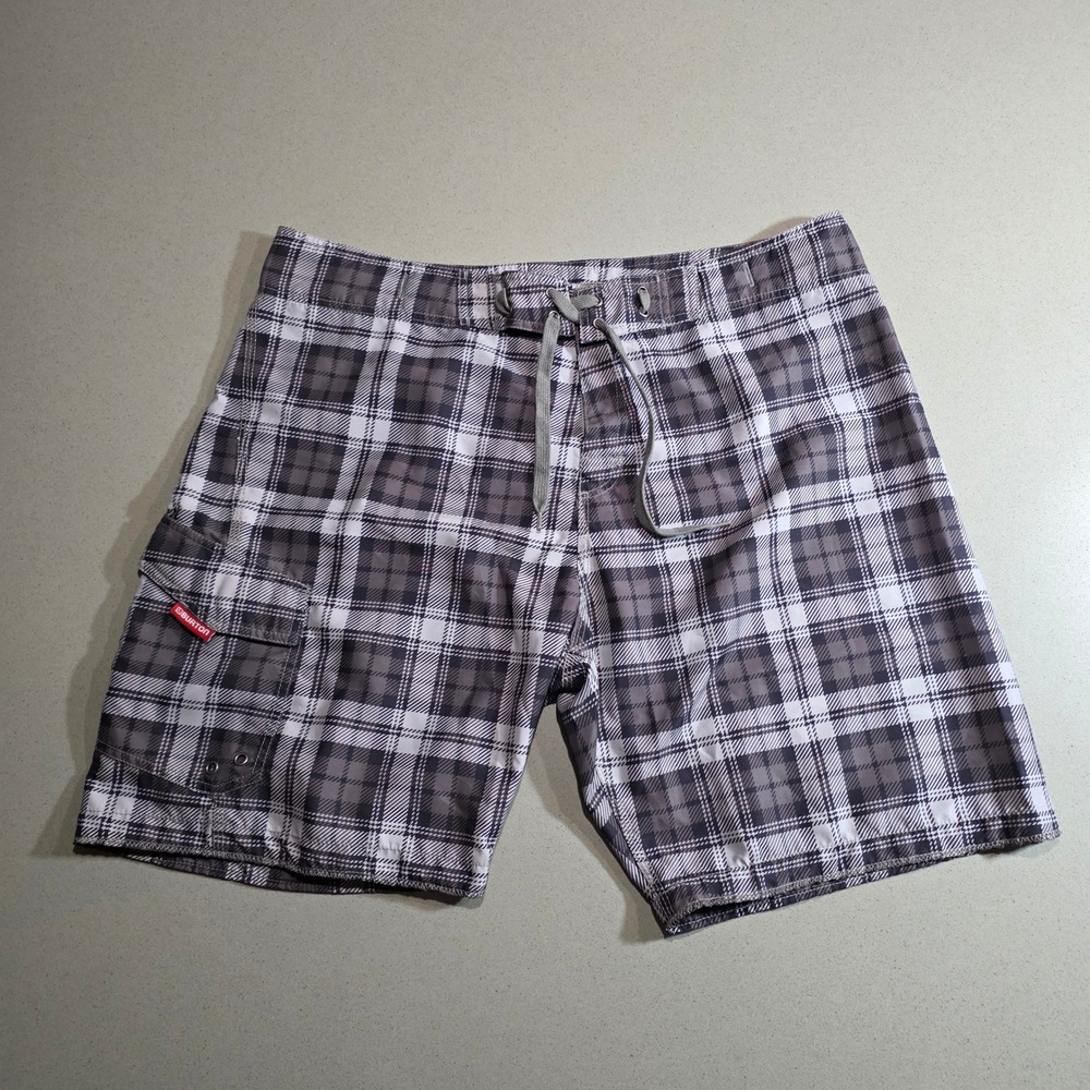 Burton Mens Plaid Board Shorts Grey White Cargo Pocket Swim Trunks XL